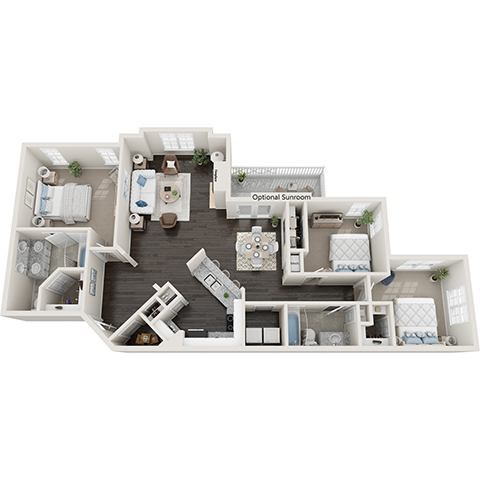 Floor plan for 3 beds, 2 baths, 1287 sqft